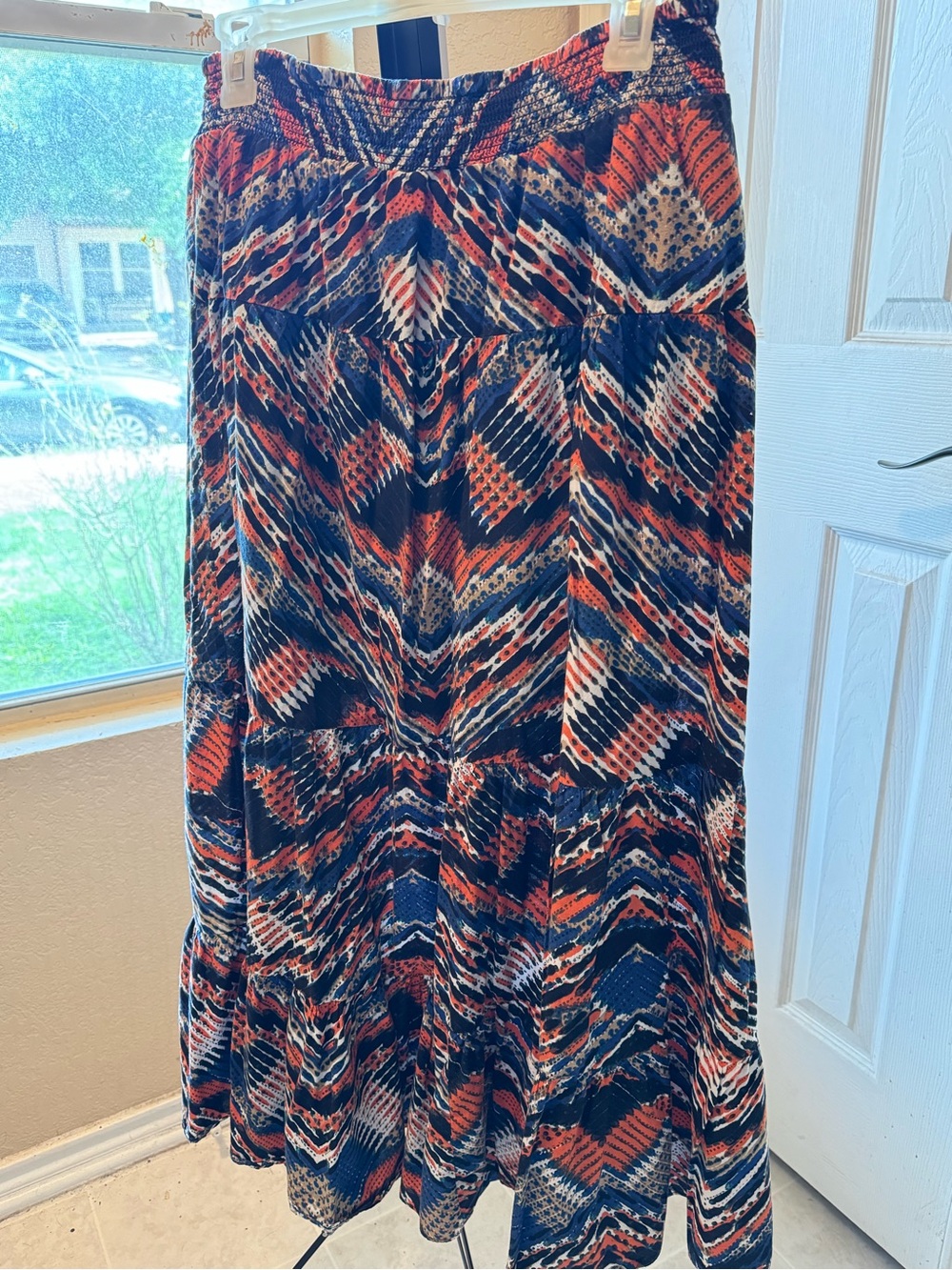 Smocked Office Skirt Waist Maxi Skirt Geometric Pattern Ruffled Flow Comfy Skirt